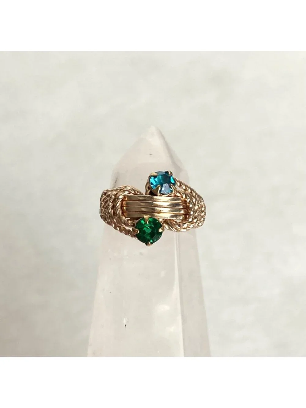 Brass Colored Wire wrapped Blue & Green Rhinestone Baby Ring Size <1